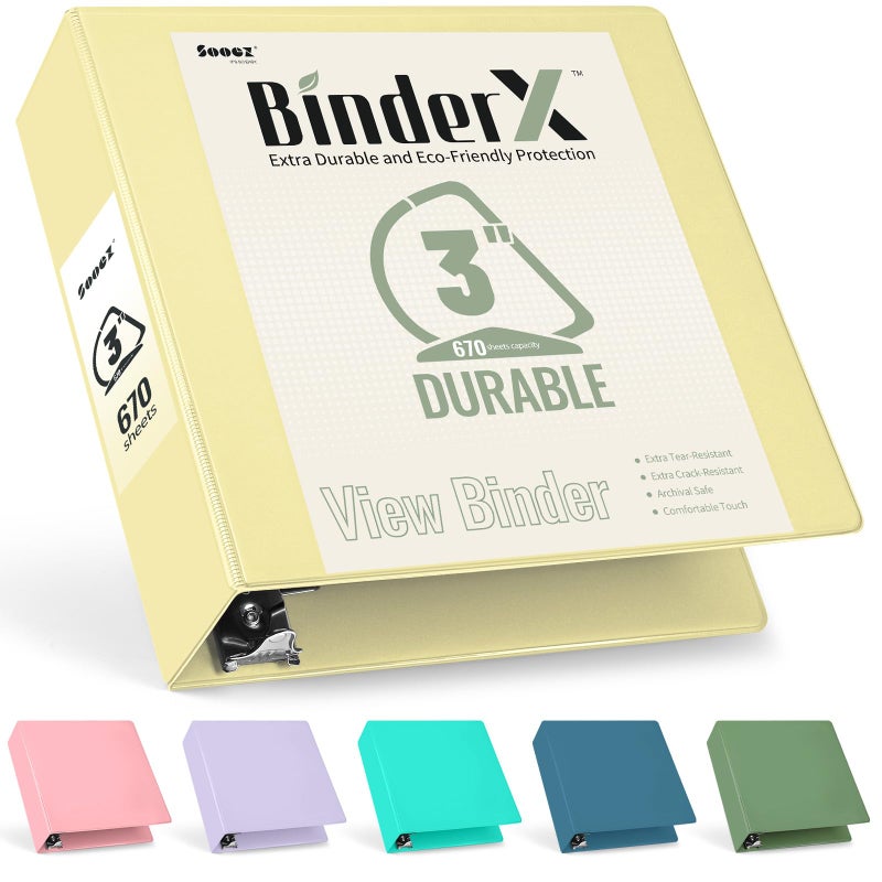 سويز مجلد Sooez BinderX فائق المتانة مقاس 3 بوصات مكون من 3 حلقات، مجلدات كبيرة على شكل حرف D، تحمل 670 ورقة من ورق مقاس 8.5 × 11، غطاء عرض قابل للتخصيص مع جيوب داخلية، غلاف عالي التحمل مكون من 3 حلقات للمدرسة، أصفر - Image 1